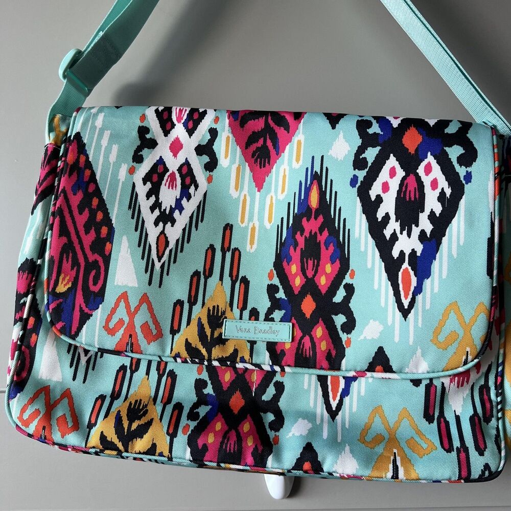 Vera Bradley Messenger Bag Womens Aqua Ikat Crossbody Shoulder Purse Geometric - Picture 4 of 16